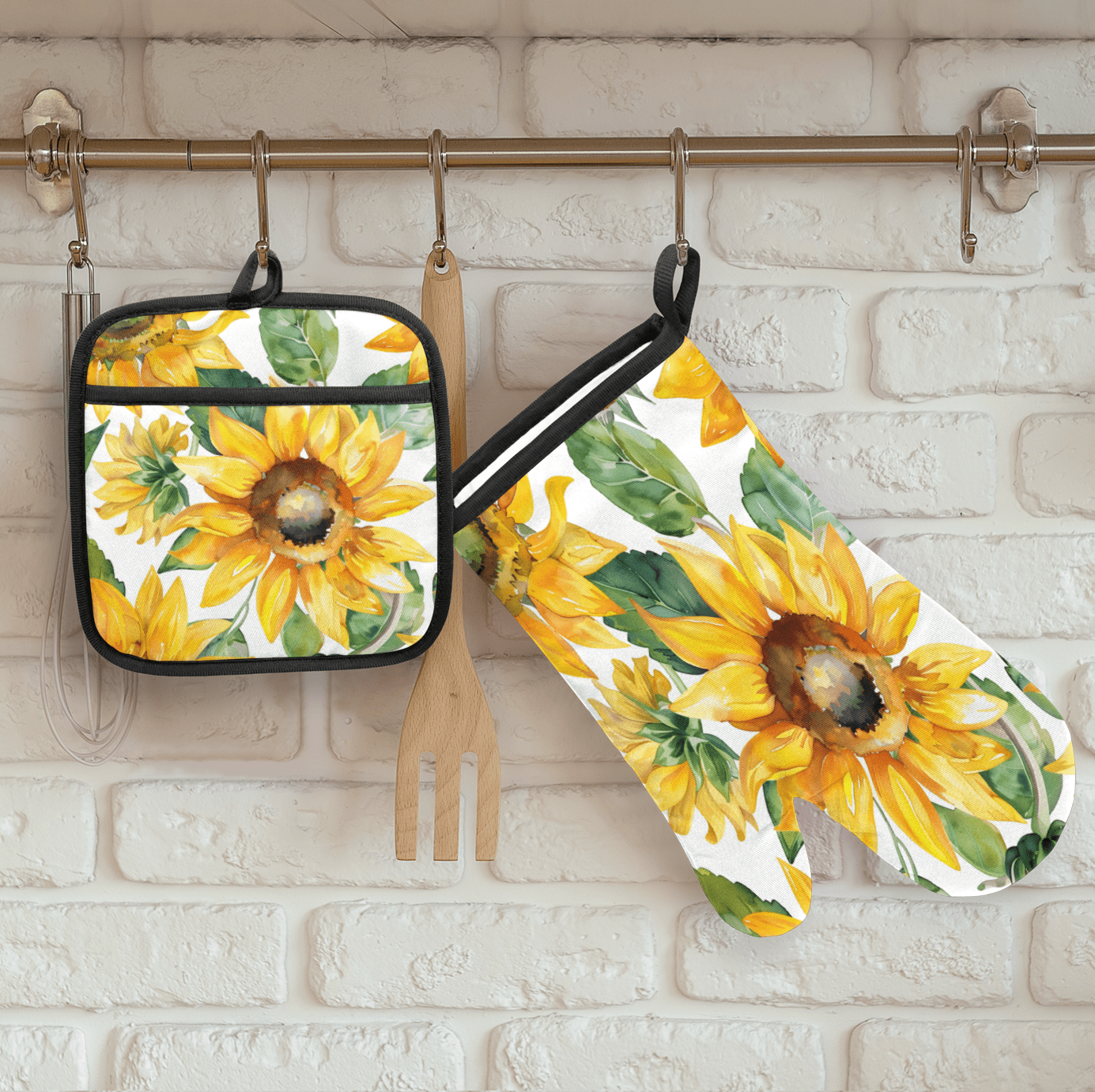 CURLYOOT Sunflower Oven Mitts and Pot Holders Sets of 2, Non-Slip Washable Watercolor Flowers Hot Pads and Oven Gloves for Kitchen Cooking Baking