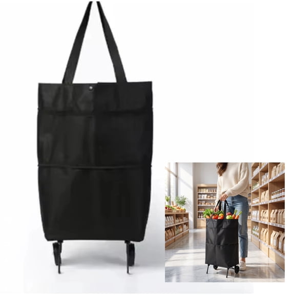 Foldable Shopping Bag with Wheels, Heavy Duty Oxford Cloth Grocery Cart, Portable Rolling Tote for Seniors, Supermarket, Travel & Laundry, Black