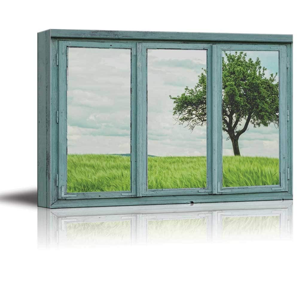 Wall26 Canvas Wall Art - 3 Frame Window Overlooking a Green Field with ...