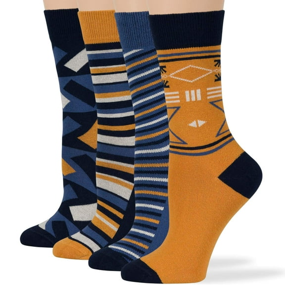 7BIGSTARS KINGDOM Women's Cotton Fun Socks - 4 Pack Medium - Indian Geometric Patterns - Sock Size: 9-11, Shoe Size: 5-9, Dark Navy, Blue, Camel