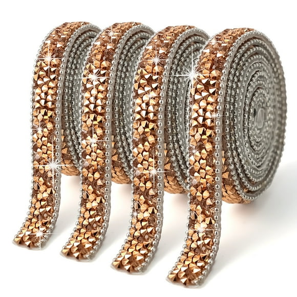 Firefly Hope 4 Rolls 1cm Wide Rose Gold Self-Adhesive Rhinestone Ribbon, Bling Resin Crystal Trim Tape for DIY Art Gift Wedding Party Decor