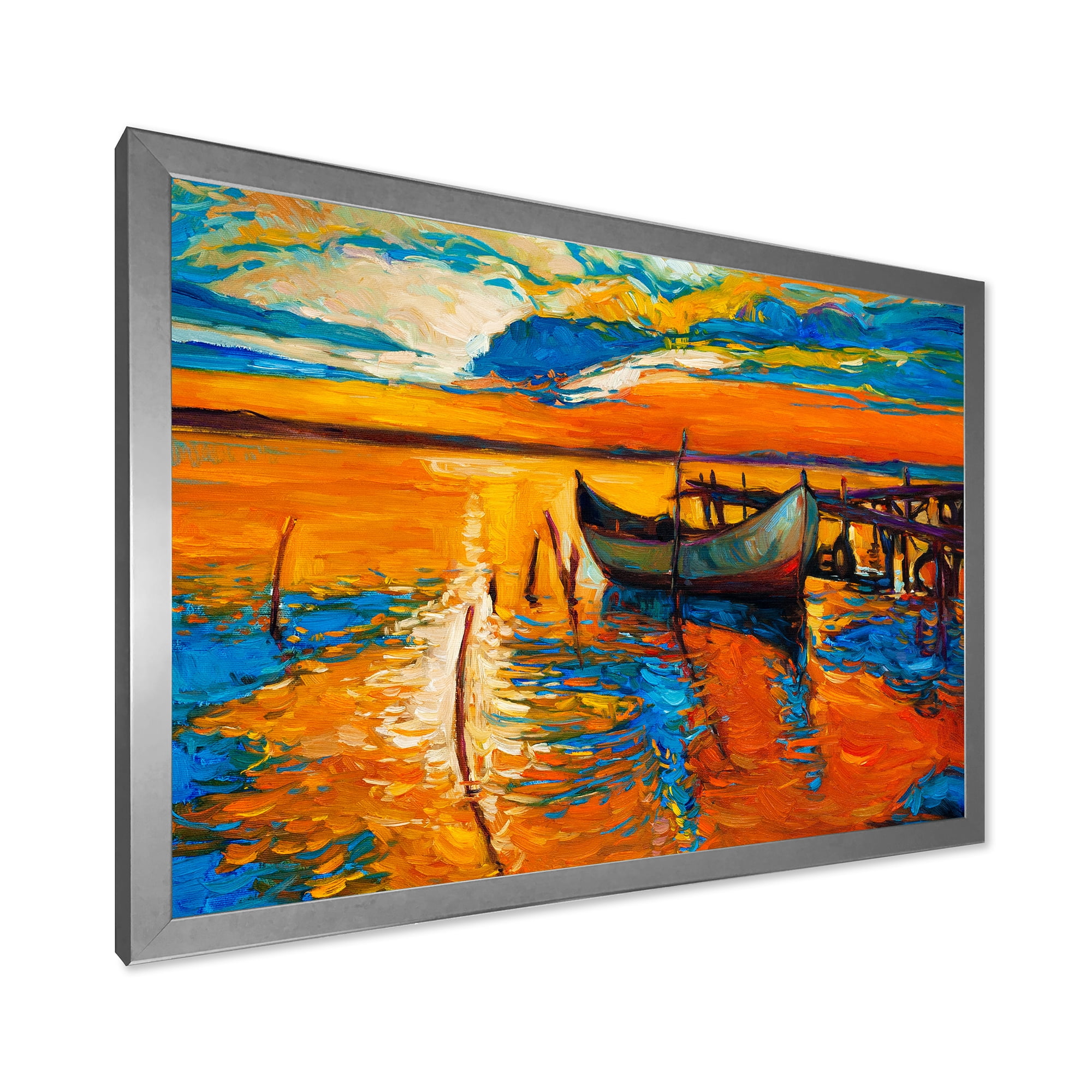 Boat At The Lake During Evening Glow VII 32 in x 16 in Framed Painting Canvas Art Print, by Designart