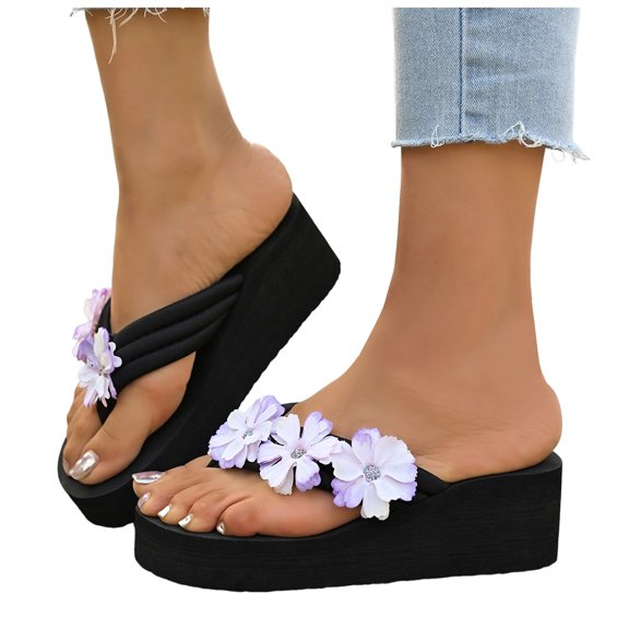 Chunky Platform Flip Flop for Women Boho Summer Beach Flower Wedge High Heels Slides Dress Slip on Sandals