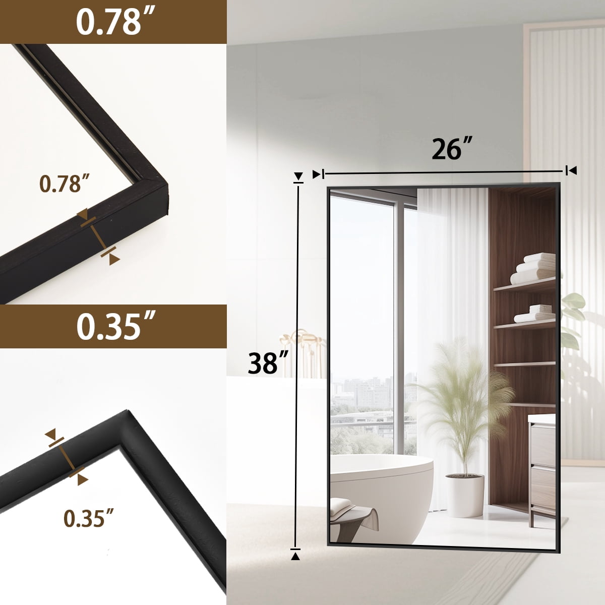 Gleamira 26"x38" Rectangular Bathroom Mirror Wall Mounted Mirror with Metal Frame, Black