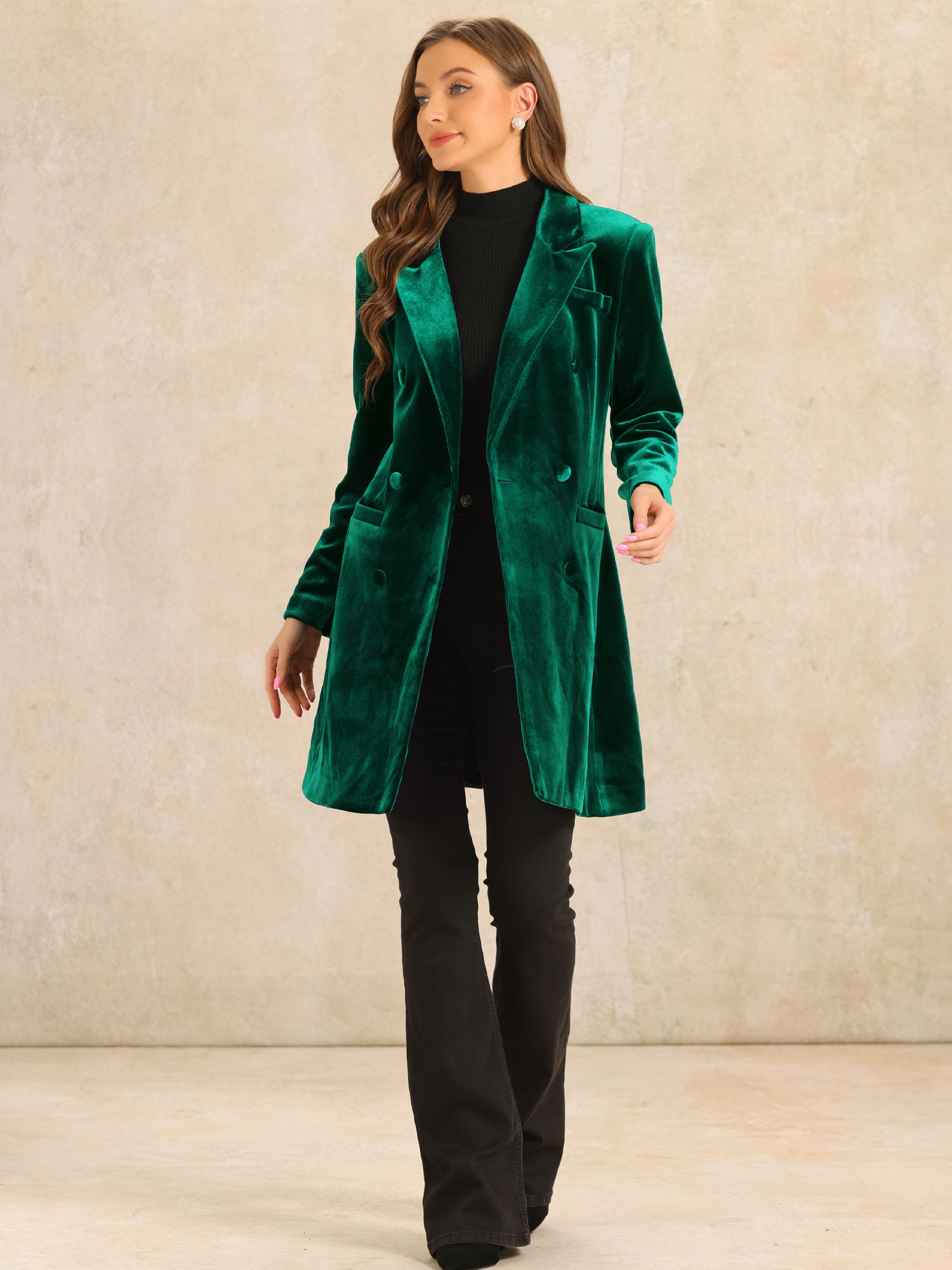 DARING DIVA Women's Velvet Lapel Double-Breasted Long Outerwear Winter Coats M Dark Green