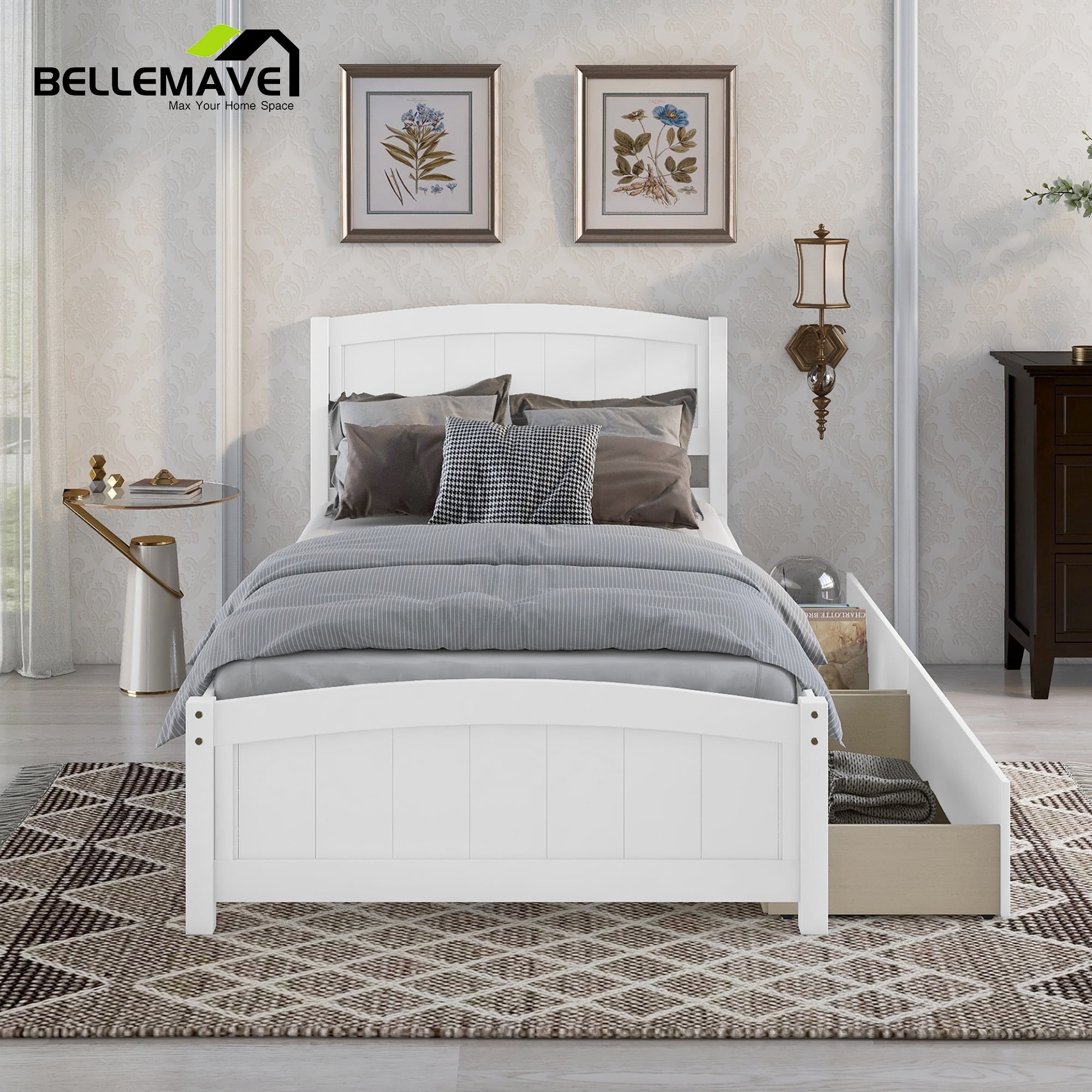 Bellemave Twin Platform Bed with Storage Drawer, White