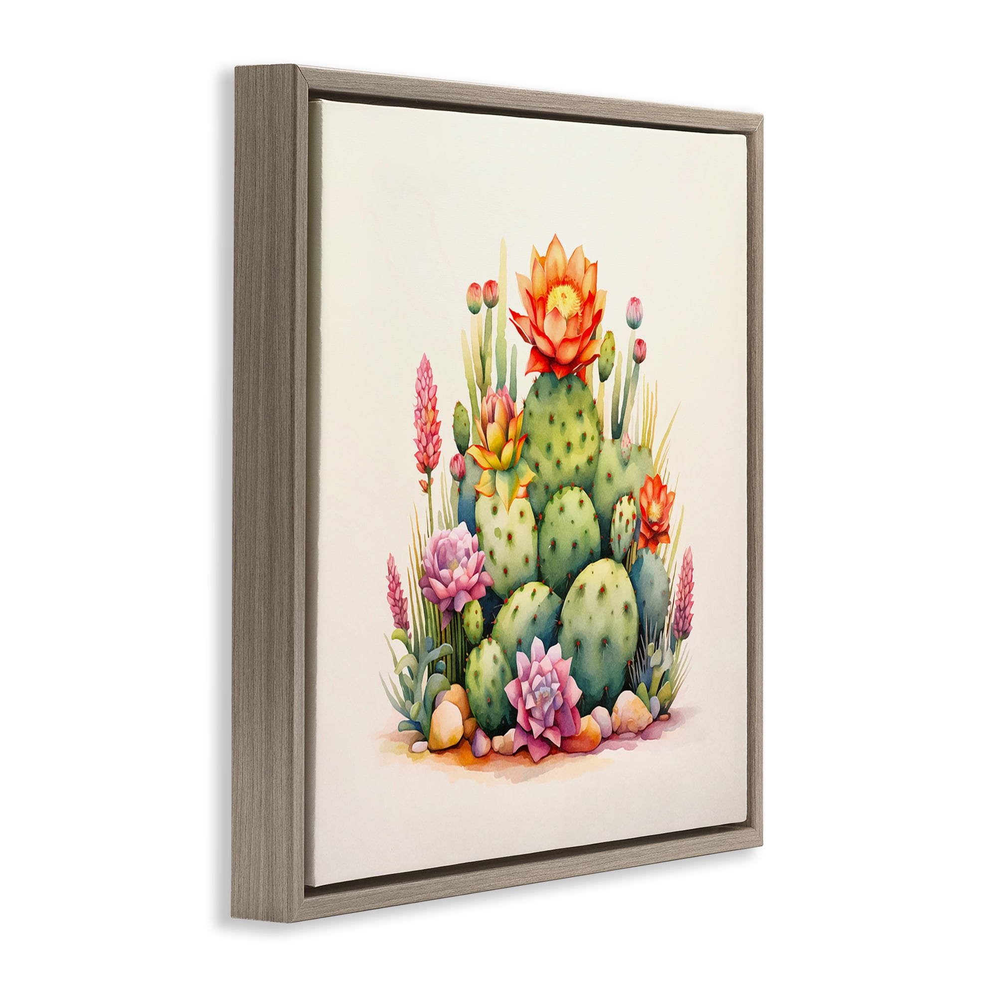 Stupell Industries Desert Spring Cacti Plants & Flowers Painting Brown Floater Framed Canvas Art Print Wall Art, 25 x 25