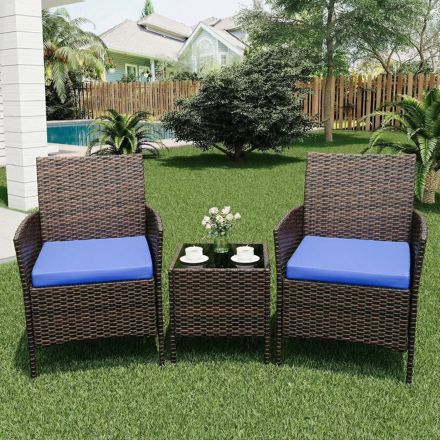 IdealHouse 3 Piece Patio Furniture Set, Rattan Outdoor Furniture with 2 Chairs & Coffee Table, Modern Outdoor Seating Conversation Bistro Set for Garden Backyard Porch (Brown and Blue)