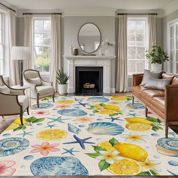 Coastal Area Rugs 5'x7', Washable Small Throw Rugs for Laundry Room Playroom, Summer Lemon Flower Shell Starfish Rustic Indoor Outdoor Rug Non-Slip Low Pile Carpet Runner Reversible Floor Mats