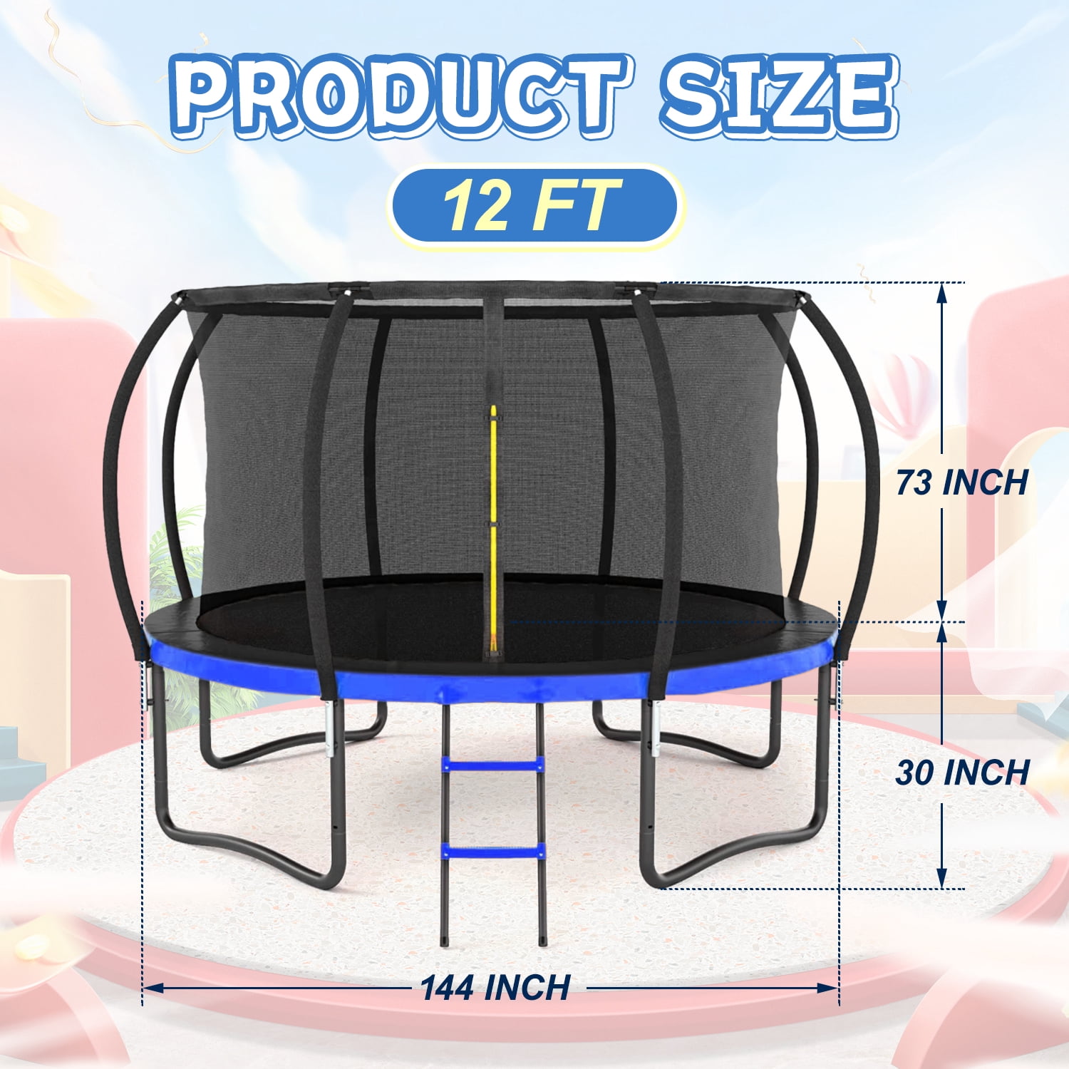 GUTALOR 12FT Outdoor Trampoline with Safety Enclosure - Black & Blue Kids' Trampoline with Ladder and Padding