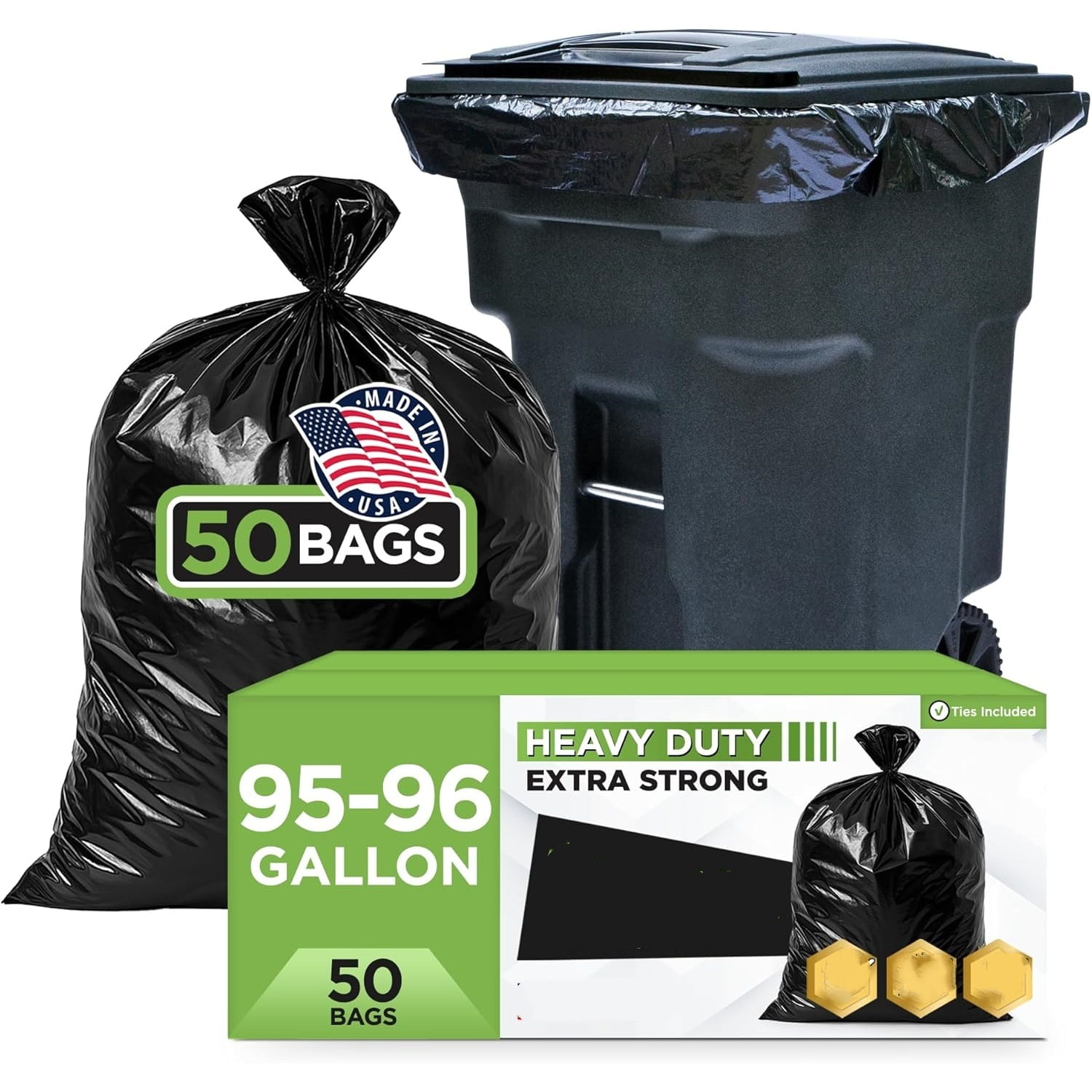95-96 Gallon Trash Bags Heavy Duty (Huge 50 Bags W/Ties) 95-96 Gallon Trash Bags Large Black Heavy Duty Can Liners, Large 90-100 Gallon Garbage Can Liners