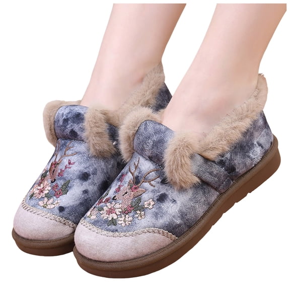 Women's Embroidery Plush Casual Walking Shoes Fluffy Non Slip Loafers Comfortable Winter Warm Slip On Sneakers Gray Size 6.5