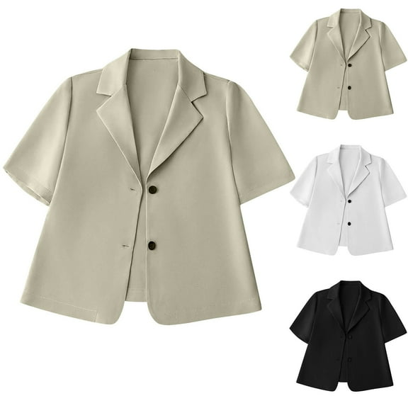 Nfurl Womens Fall Petite Blazers Dress Casual Solid Color Button Down Work Suit Jackets Fitted Short Sleeve Blazer Ladies Office Coats Black S