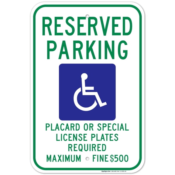 Hawaii Handicap Parking Sign, Reserved Parking Placard Special License Plates Required Maximum Fine $500 Sign, 12x18 Aluminum