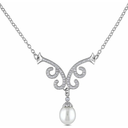 8.5-9mm White Rice Cultured Freshwater Pearl and 3/4 Carat T.G.W. Cubic Zirconia Sterling Silver Fashion Necklace, 18