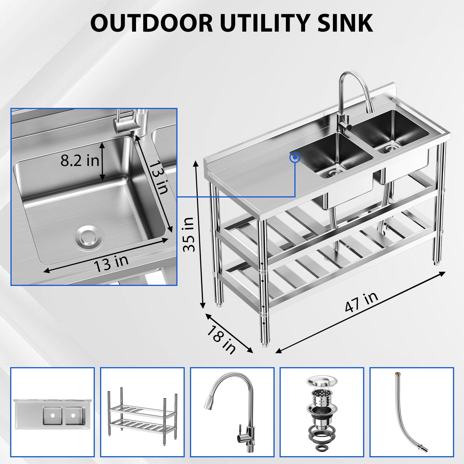Garvee Double Bowl Utility Sink with Hot & Cold Faucet,Stainless Steel Kitchen Sink with Storage Shelves for Restaurant, Cafe, Bar, Hotel, Garage, Laundry Room