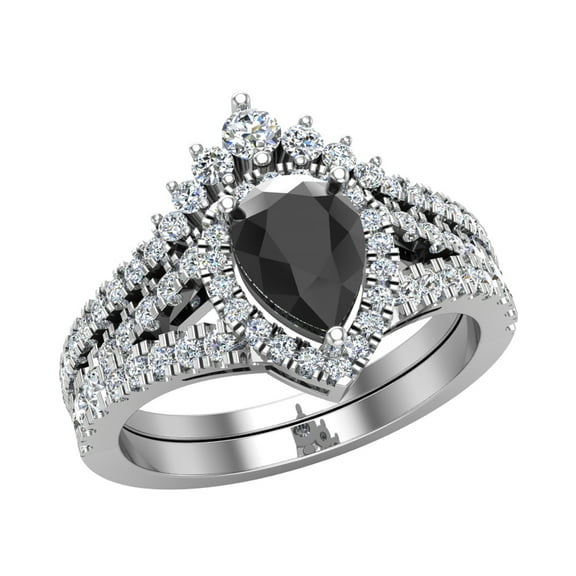 14K White Gold Wedding Ring Set Pear Cut Black Diamond Halo Diamond Ring