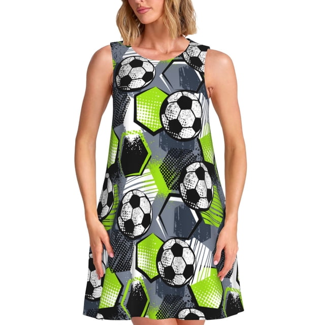 Vsdgher Robes d'Été Imprimé Football pour Femmes Robe de Plage Décontractée Col en U Sans Manches Robe Débardeur Ample avec Poche