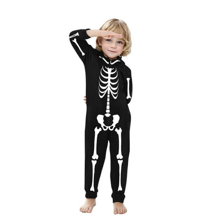 

ZQUUVOU Toddler Boys Girls Halloween Fashion Skeleton Print Plush Long Sleeved Romper Family Parent-Child Wear Black
