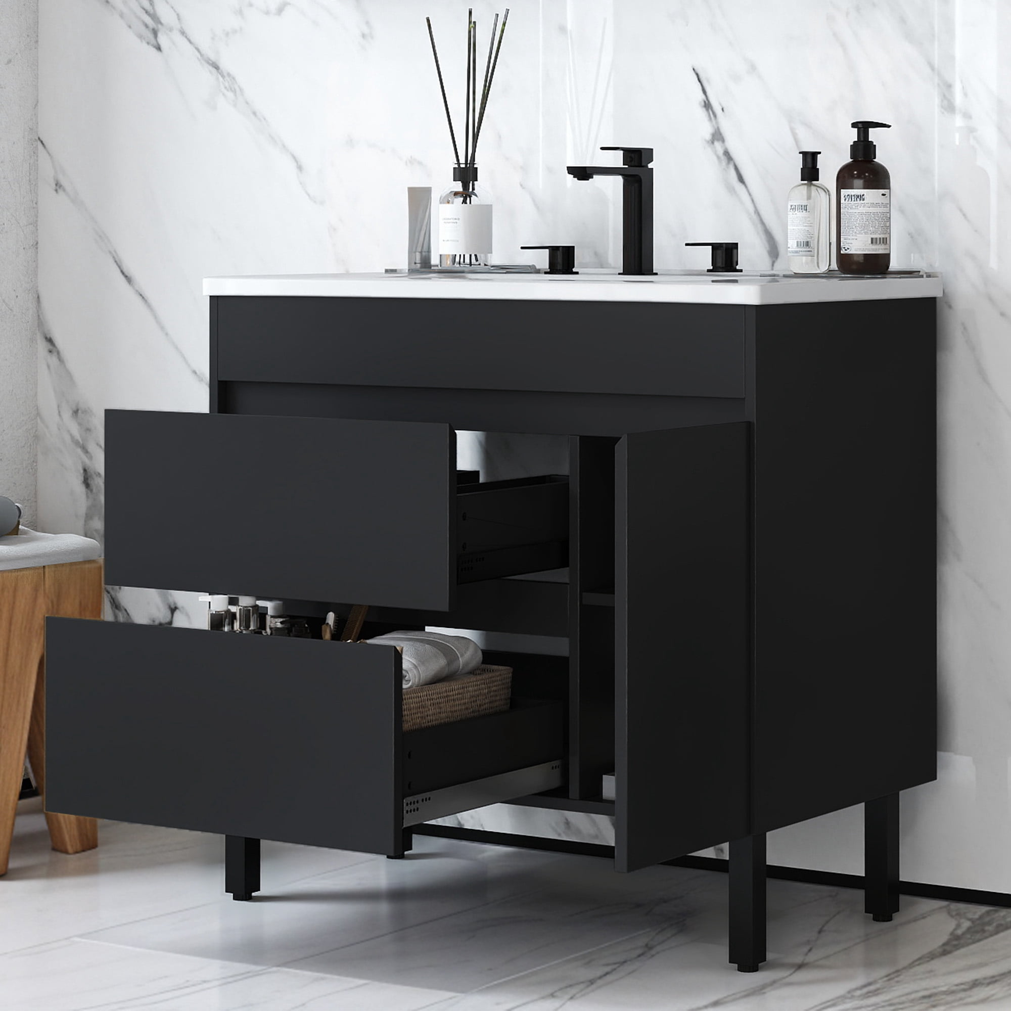 Uforic 37" Bathroom Vanity with Top Sink, Modern Free Standing Bathroom Storage Cabinet with Soft Close Door, Black
