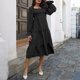 thumbnail image 2 of Vestido de manga larga con farol para mujer, hombros descubiertos, pecho, fruncido, manga con volantes, dobladillo de color sólido, negro M, 2 of 6