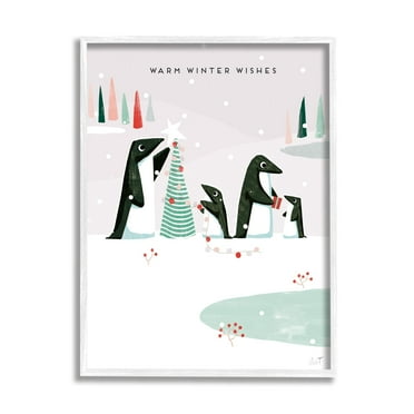 Stupell Industries Warm Winter Wishes Snowy Penguins Holiday Painting White Framed Art Print Wall Art