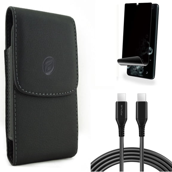 Privacy Screen Protector w Case Belt Clip w 10ft Long USB-C Cable for Samsung Galaxy S20 Ultra - TPU Film [NOT GLASS] [Fingerprint Works], Leather Holster Cover, PD Fast Charger fits Galaxy S20 Ultra