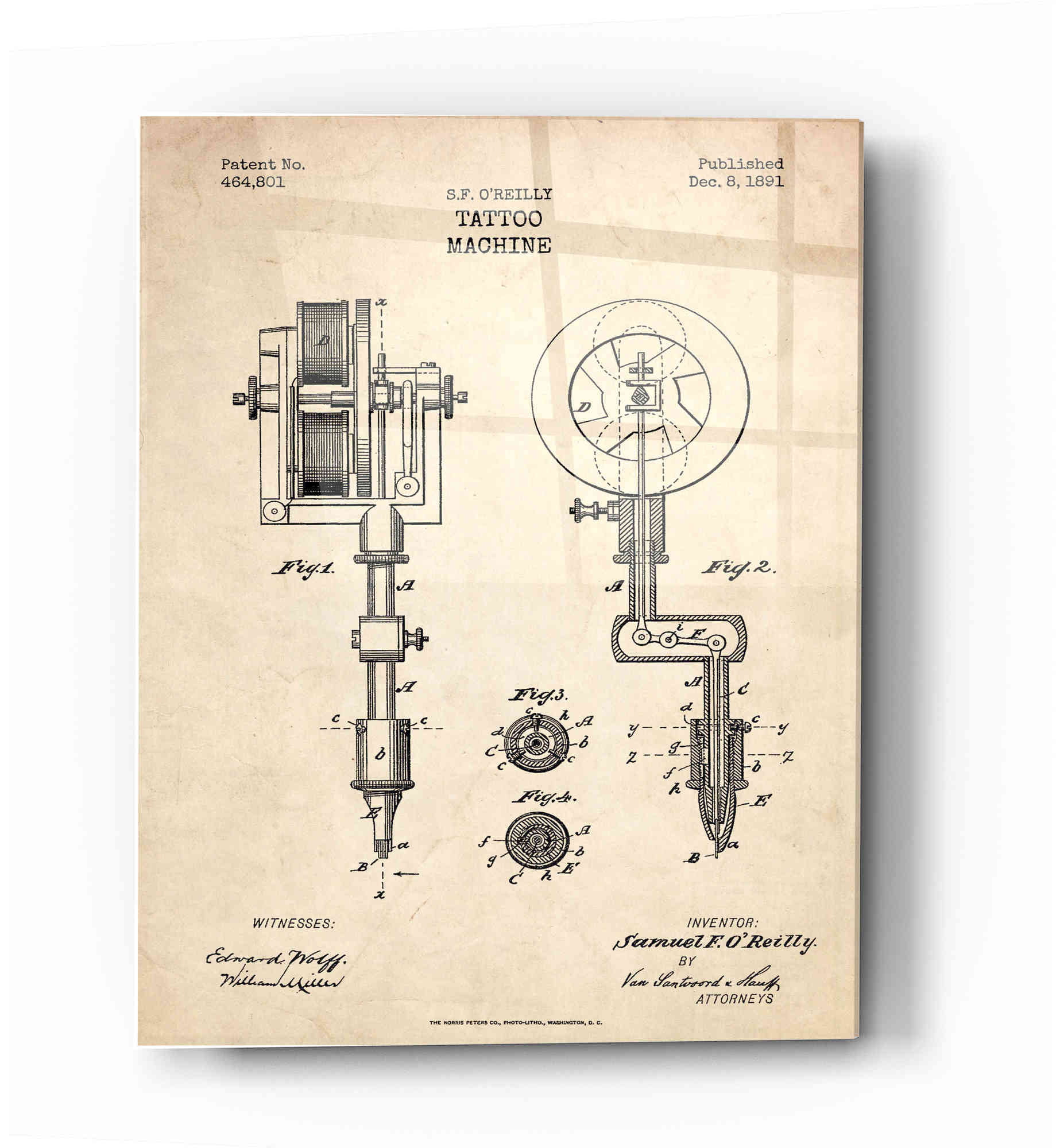 Epic Art 'Tattoo Machine Blueprint Patent Parchment' Acrylic Glass Wall  Art, 24