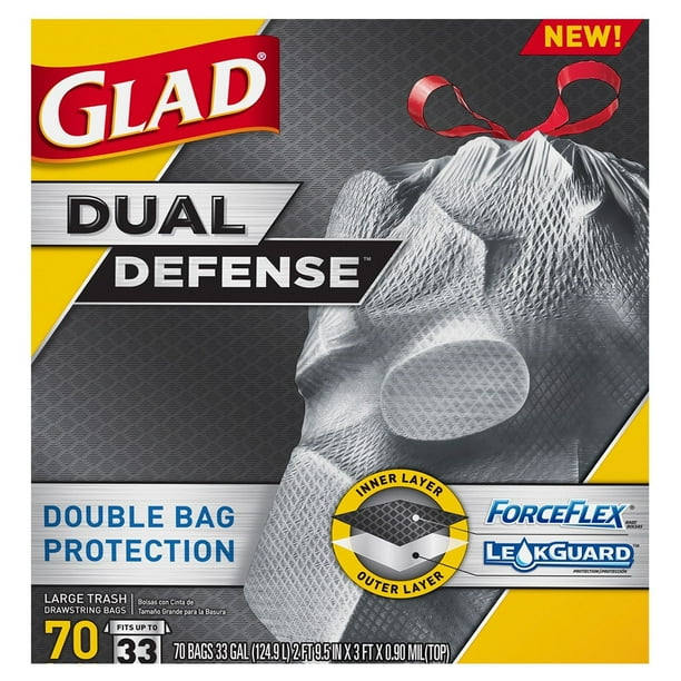 Glad Dual Layer Large Outdoor Drawstring Trash Bags, 33 Gal, Black, 70 Ct