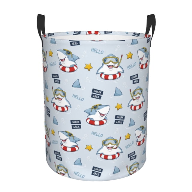 Balery Swimming Shark Cesta de ropa redonda con asas, impermeable, independiente, para ropa, juguetes, dormitorio y familia-Small