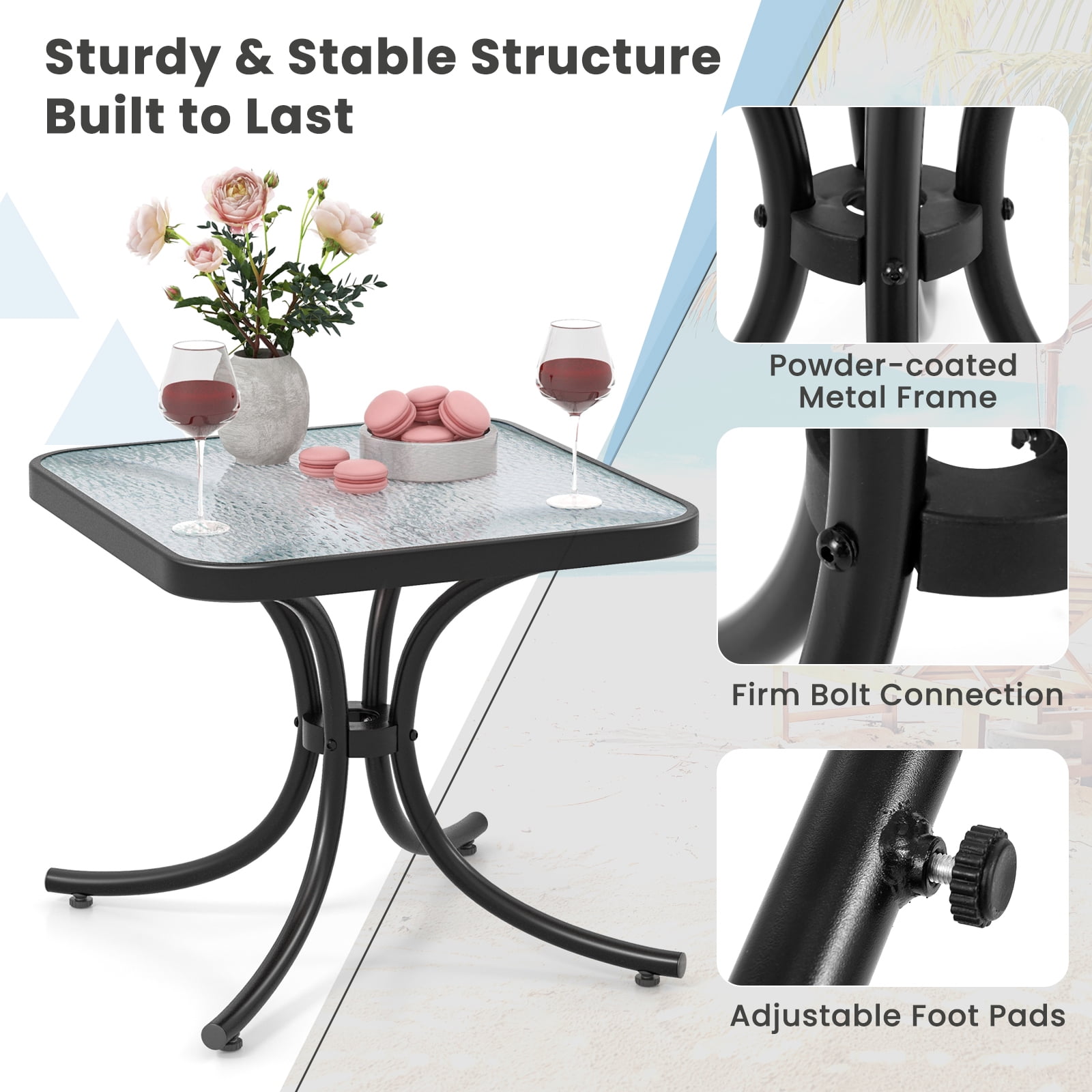 Gymax 2PCS 20'' Outdoor Side Table w/Tempered Glass Top  Metal Frame Patio End Table