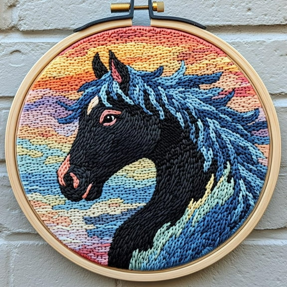 Punch Needle kits A Cartoon Black Horse in Flowers Easy for Beginners DIY Punch Needle Yarn Starter Embroidery Set for Craft lovers with Printed Pattern and Hoop for Home Decor 20x20cm(1)