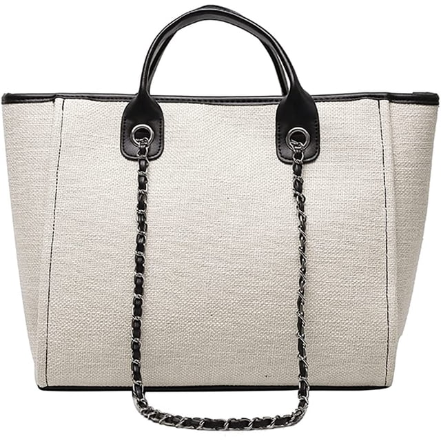 LinYooLi Women Canvas Handbag Large Capacity Chain Tote Bag PU Handle Shoulder Bag