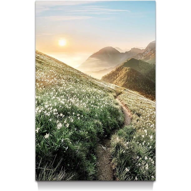 Arte mural de paisaje con montañas, lago y atardecer. Cuadro con amanecer y pastizal, ideal para decorar dormitorios, escaleras y todo el hogar.