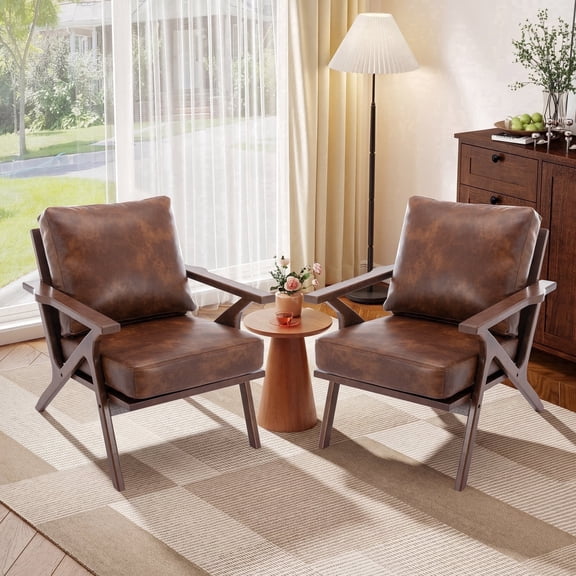 Bonzy Home Mid-Century Modern Accent Chair Set of 2, PU Leather Armchairs with Solid Wood Frame & Removable Cushions, Reading Chairs for Living Room Bedroom, Brown
