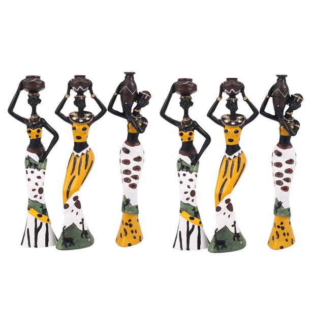 6 Unids Retro Jarrón Mujer Africana Estatua Cultura Resina Figuras Set para El Hogar Hotel Decoración de la Sala Adornos Artesanales Amarillo