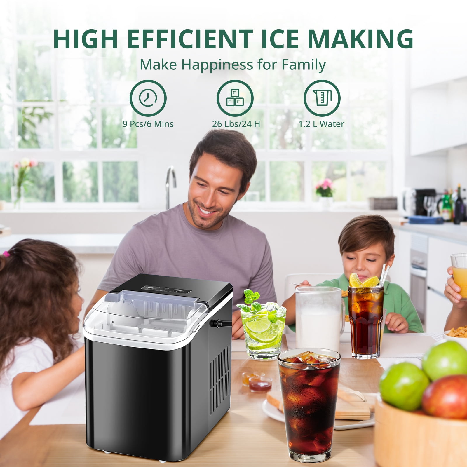 Atilioo Countertop Ice Maker with Handle, Ice in 6Mins, 26 Lbs/24H, 2 Sizes Bullet, Portable Ice Maker Machine with Self-Cleaning for Home/Bar/Camping/RV, Black