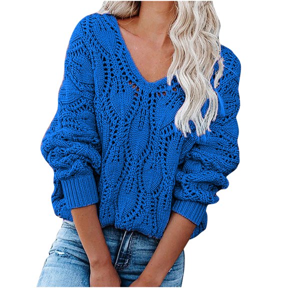 BUIgtTklOP Winter Savings Clearance Sweaters For Women Plus Size Women'S Casual Hollow Out Solid Color Line V-Neck Long Sleeve Sweater Tops Blouse Blue