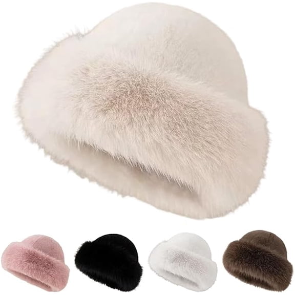 longantii Womens Winter Faux Fur Bucket Hat, 2026 New Fluffy Fisherman Fuzzy Bucket Hat Warm Faux Mink Plush Hat Beige