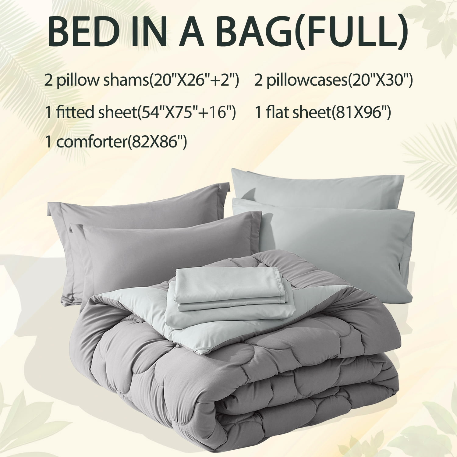 Bedtreat Full Comforter Sets，7-Pieces Reversible Bedding Sets，Bed in a Bag with Comforter， Flat Sheet and Fitted Sheet, Pillowcases & Shams，Dark Gray/Light Gray