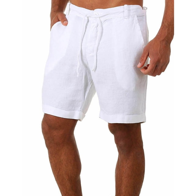 RKSTN Mens Cotton Linen Shorts Oversized Solid Color Button Zipper Waistband Drawstring Soft Breathable 5 Inseam Casual Shorts with Pockets