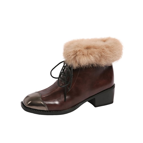 KEGIRLOM Women's Fashionable Casual Winter Fleece Lined Comfortable Plus Size Short Boots Solid Color Toe Front Laces Heel Low Heel Ankle Boots Brown 7
