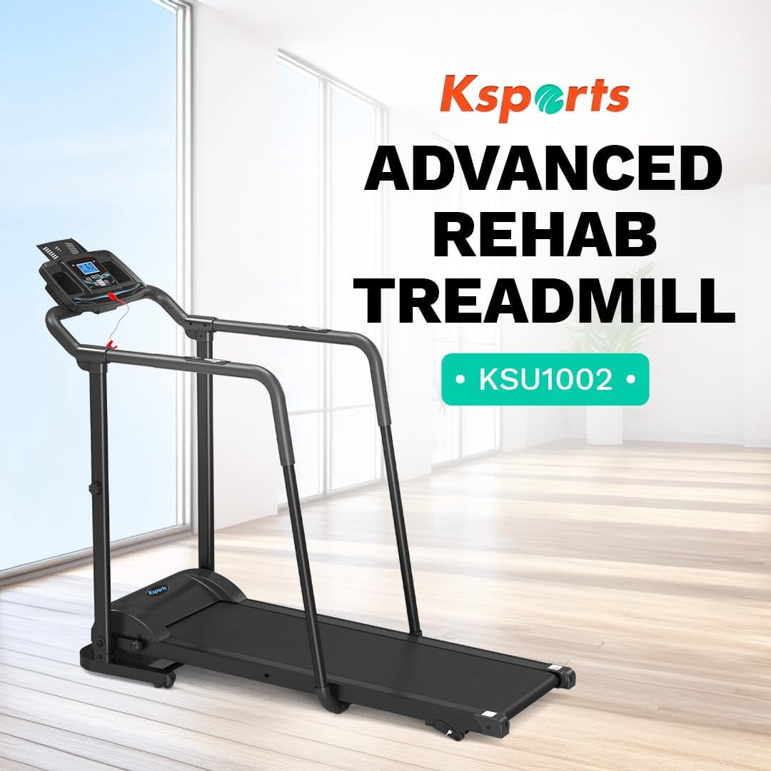 Ksports Advanced Rehab Walking Treadmill, 2.25HP Motor, 287 LB Capacity, 0.4-8.0 MPH, Bluetooth, 3-Level Incline, Foldable, LCD Display, Removable Handrails