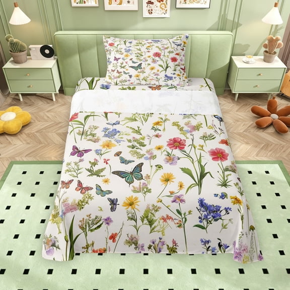 Erosebridal Colorful Flowers Twin Sheet Sets for Girls, Chic Butterfly Bedding, 3 Pieces, 1 Flat Sheet 1 Fitted Sheet and 1 Pillowcase