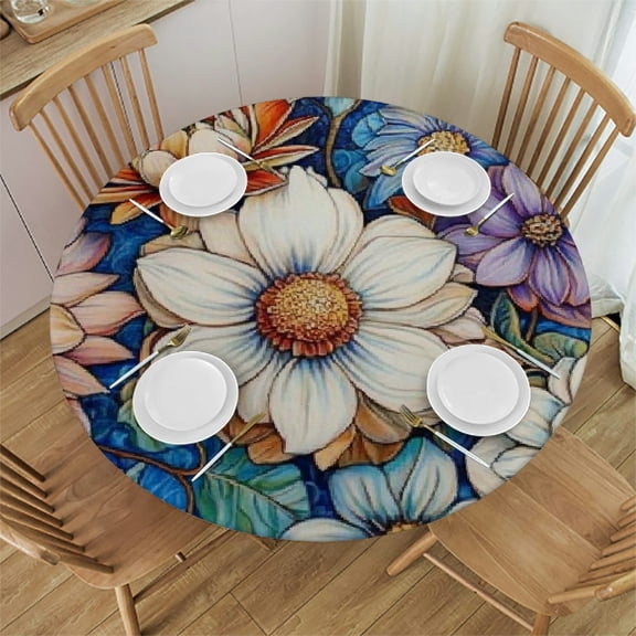 Autua Flowers Painting Cloisonnism Round Tablecloth Waterproof 100% Polyester 31"-35