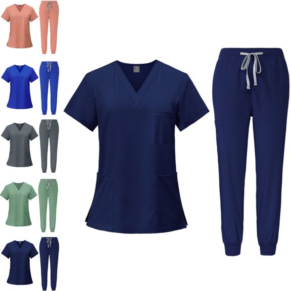 Scrubs for Women Set Stretch V-Neck Short Sleeved Top & Jogger Pants with Drawstring Medical Nursing Uniforms Set with Pockets