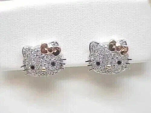 1.60 CT Round Simulated Diamond Hello Kitty Stud Earrings, 14K White Gold Plated Sterling Silver for Women