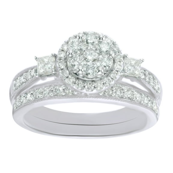 AFFY White Cubic Zirconia Round Flower Bridal Ring Set In 10k White Gold (1 Cttw)