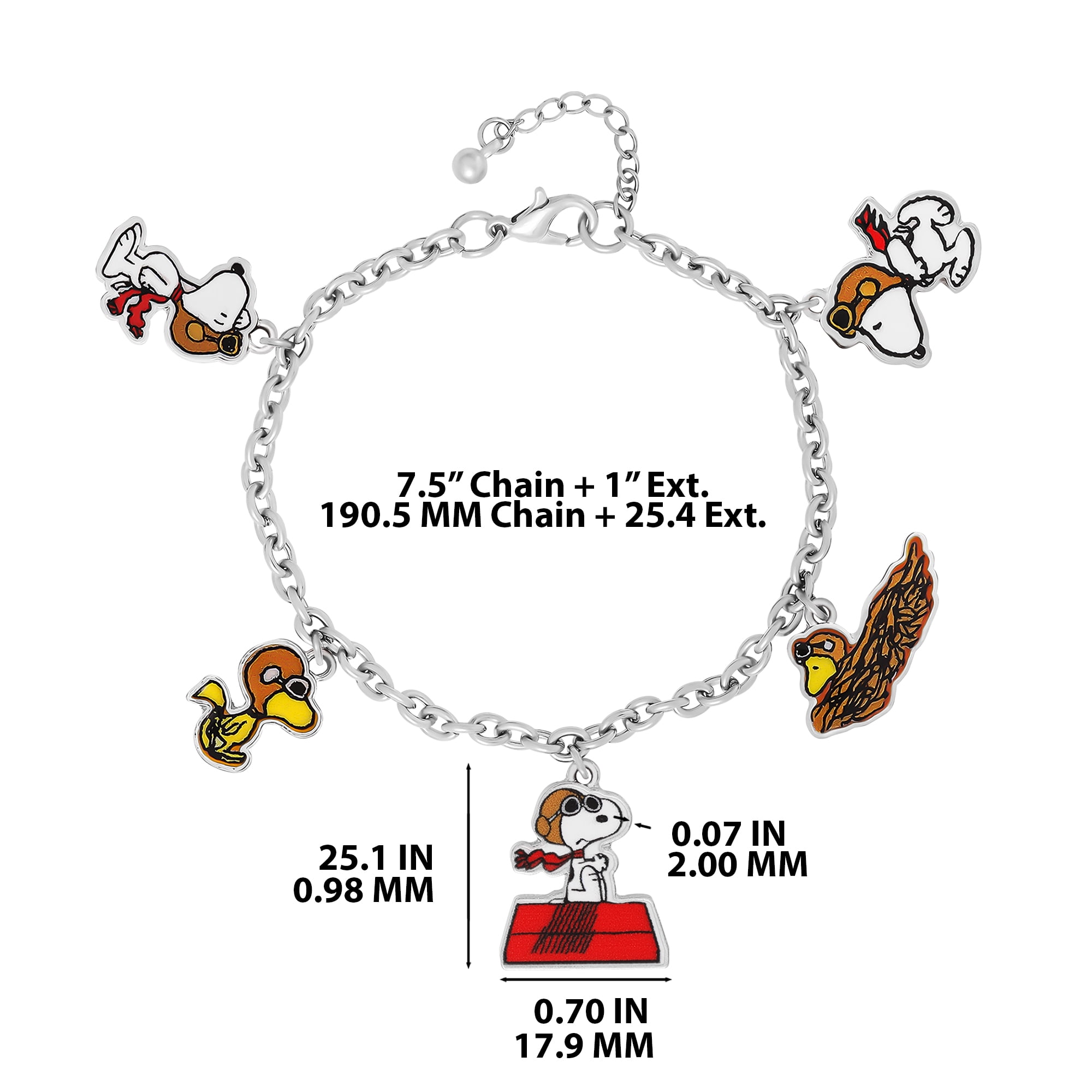 Peanuts Snoopy Charm Bracelet Official License, 7.5"+1" Fashion Bracelet with 5 Flying Ace Snoopy and Woodstock Charms