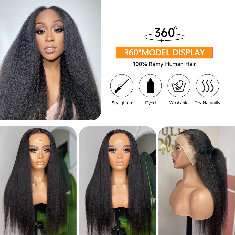 Mscathy 13X6 Kinky Straight Human Hair Lace Front Wig Pre Plucked Natural Black 16 Inch 180% Density Yaki Straight Lace Frontal Wigs For Women